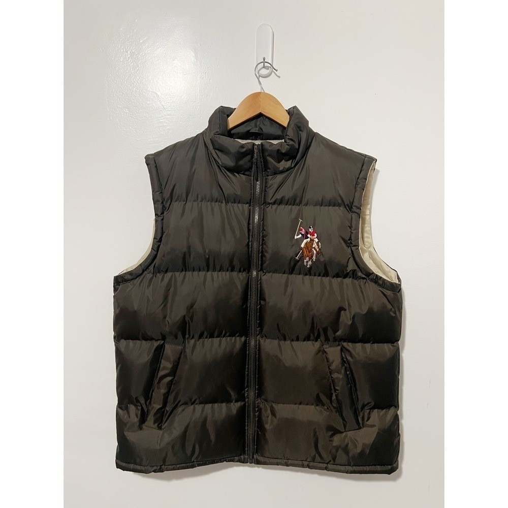 US Polo Assn Mens Puffer Vest Brown Large Full Zip Quilted Stand Collar Logo